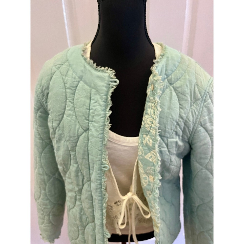 JJill Quilted Jacket Womens M Teal Excellent Reversible Paisley Cotton Fringe